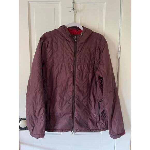 Prana women’s large burgundy maroon puffy primaloft winter jacket coat hooded - Picture 1 of 7